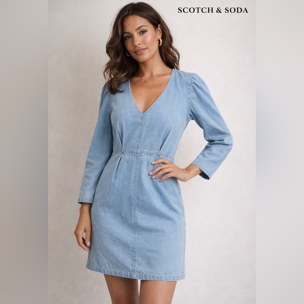 Scotch & Soda Light Wash Denim Dress 100% Cotton | Size M V-Neck Midi